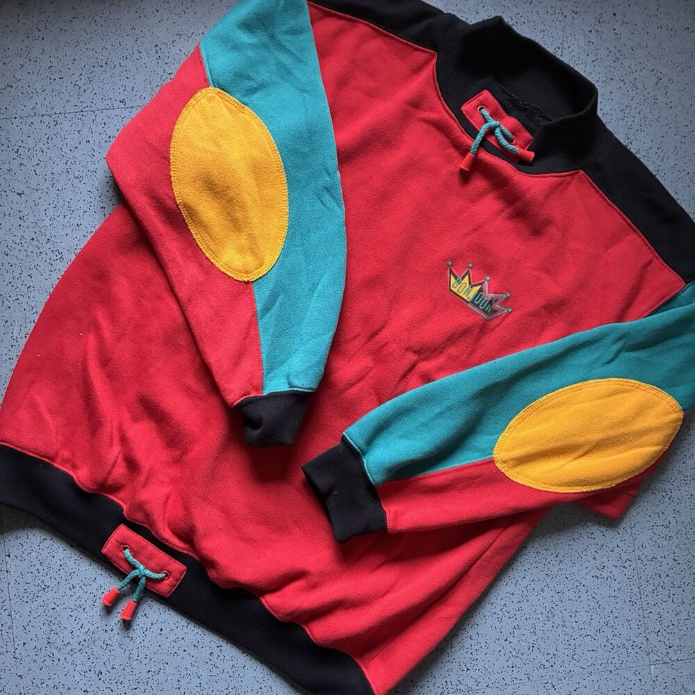 Vintage 90s Colorblock Pullover Sweatshirt Red Teal Yellow Elbow Patch Hip Hop